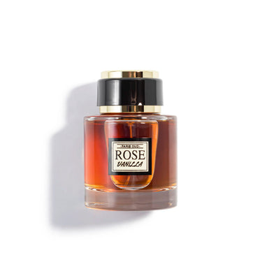 Perfume bottle labeled 'Rose Vanille' on a white background